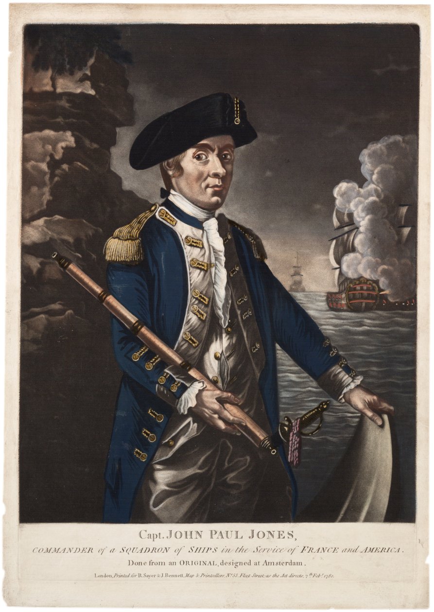 Capitão John Paul Jones, Comandante de um Esquadrão de Navios a Serviço da França e América, 1780 (mezzotint colorido à mão) de American School