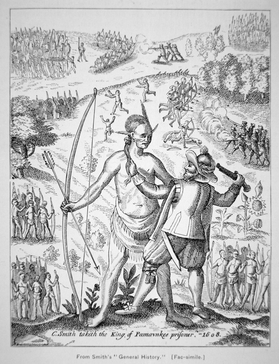 Capitão John Smith (1580-1631) capturando um chefe indiano em 1608, da "Generall Historie of Virginia, New England & the Summer Isles" de Smith de American School