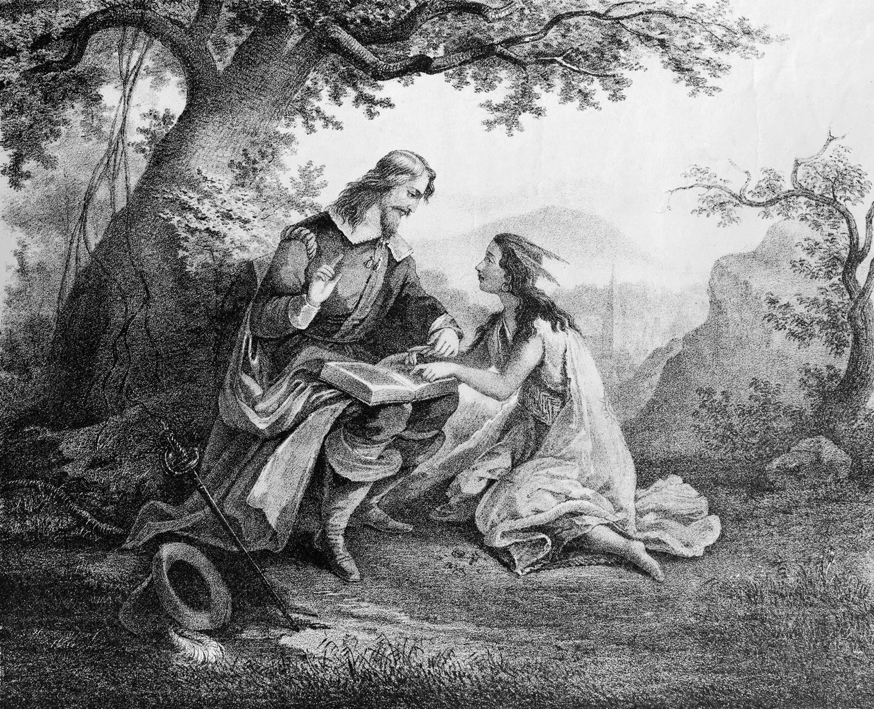 Capitão John Smith (1580-1631) ensinando Pocohontas (c.1595-1617) a ler de American School