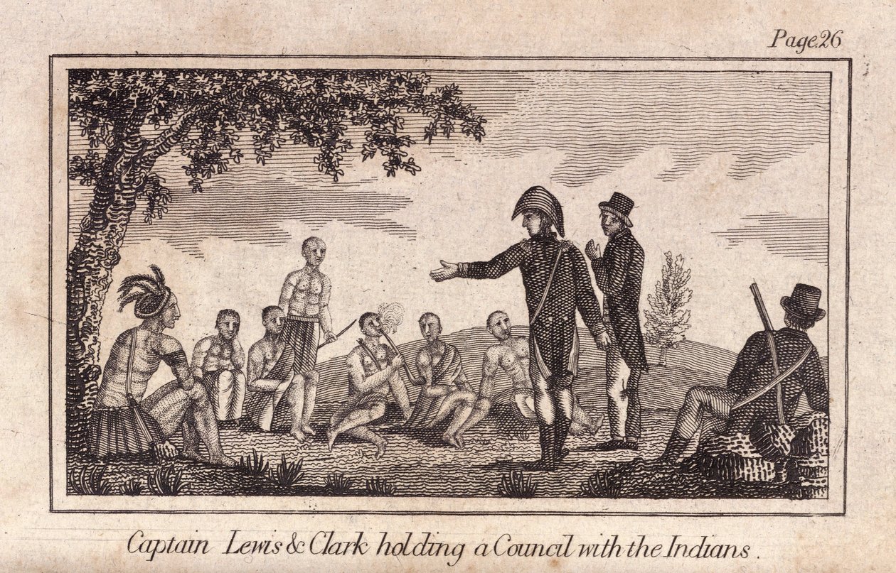O Capitão Lewis & Clarke a fazer um Conselho com os índios, pub. 1812 (gravura) de American School