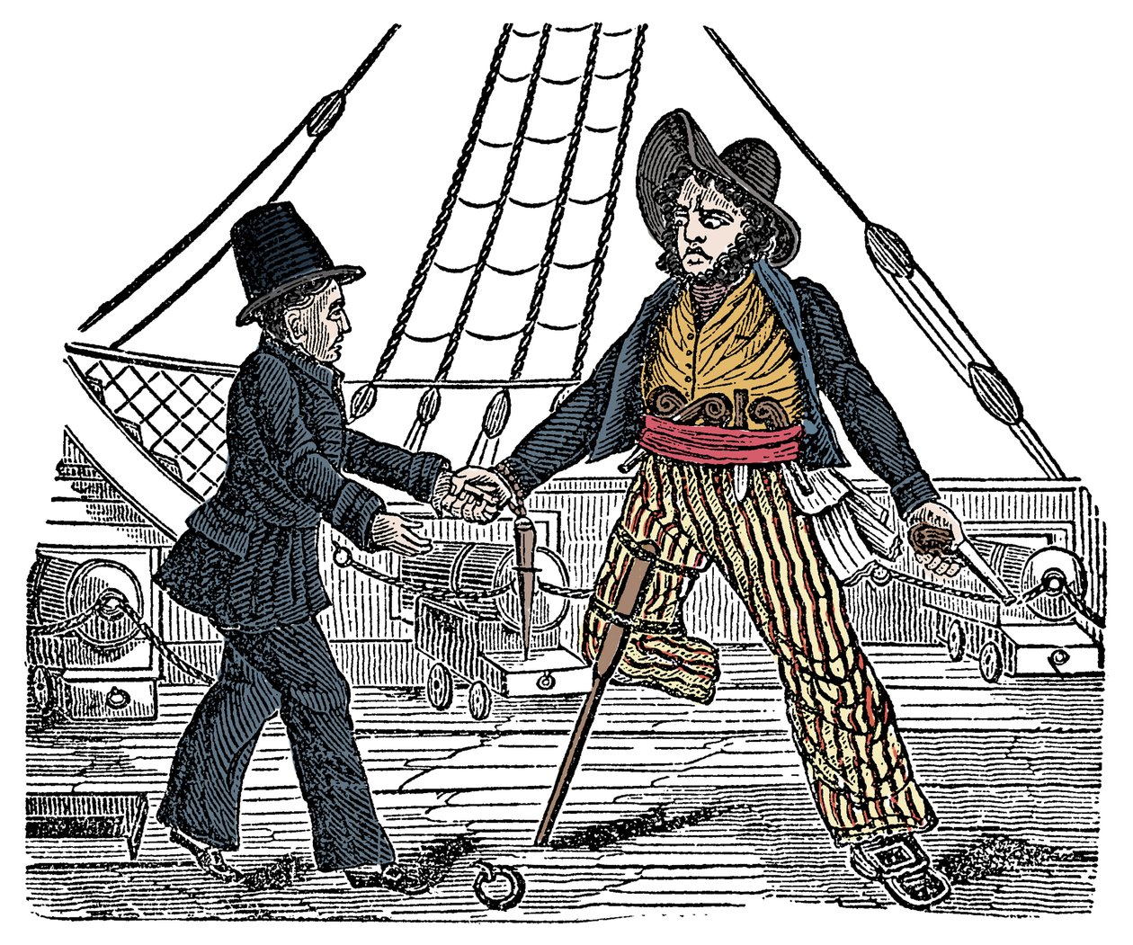 O Capitão Mackra e o pirata tem uma perna de madeira gravada no "The Pirates Own Book" do século XIX de American School