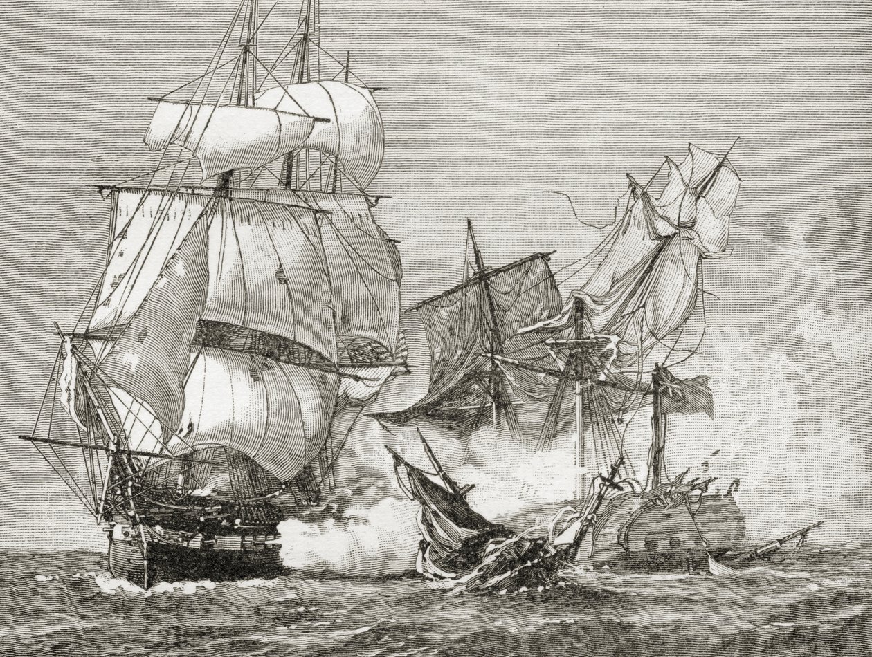 Captura do Guerreiro pela Consituição em 19 de agosto de 1812, de "Uma Breve História dos Estados Unidos", publicado pela AS Barnes und Co. em 1885 de American School