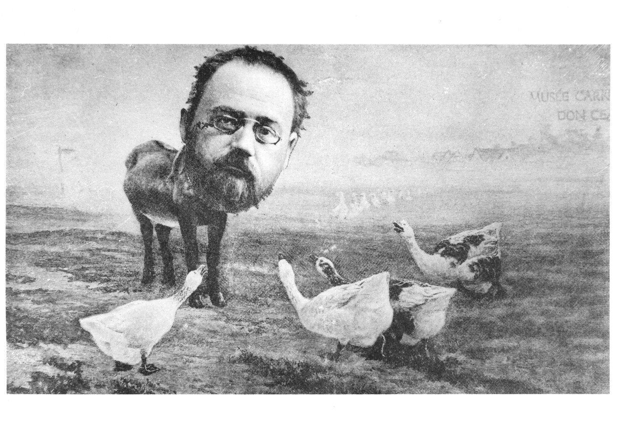 Caricatura de Emile Zola (1840-1902), o burro e os gansos; da Vida, 4 de abril de 1889 de American School