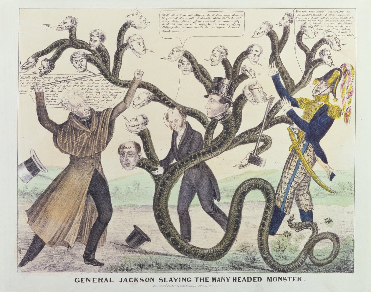 Caricatura do General Jackson (1767-1845) Matando o Monstro de Muitas Cabeças, publicado por HR Robinson, c.1836 (caneta e tinta, lápis e wc no papel) de American School