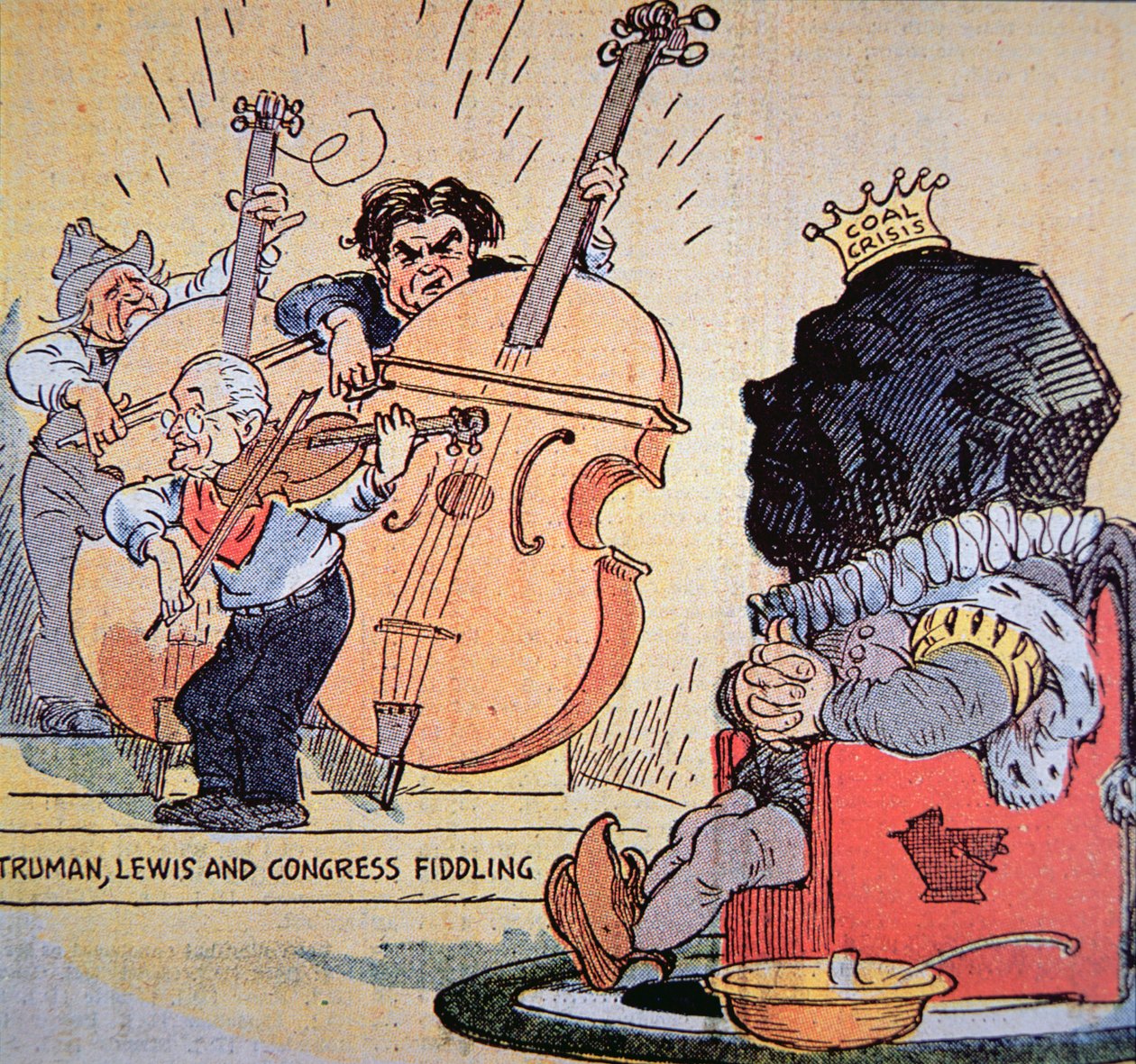 Caricatura de Harry S. Truman (1884-1972) com John Llewellyn Lewis (1880-1969) e o fiddling do Congresso de American School