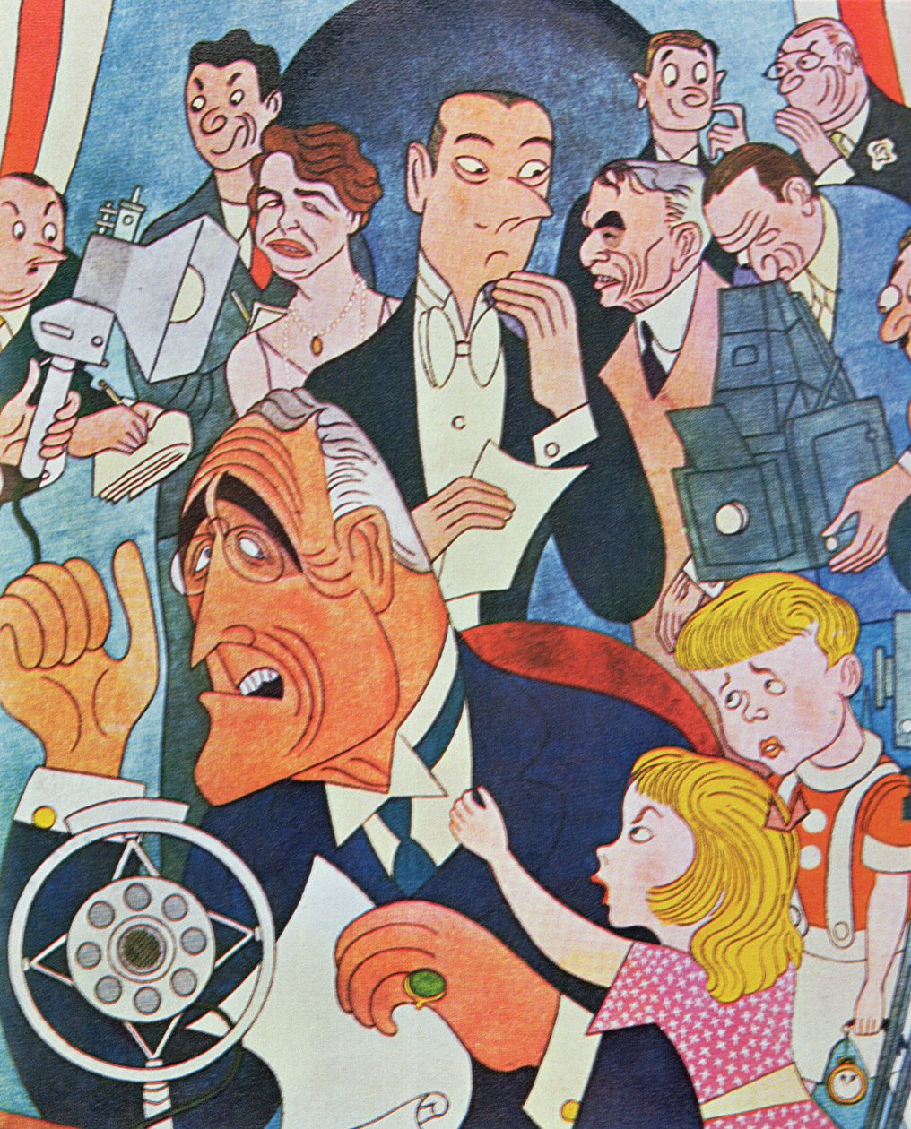 Comentário em banda desenhada sobre as emissões radiofónicas "Fireside Chats" do Presidente Roosevelt para a nação (litografia a cores) de American School