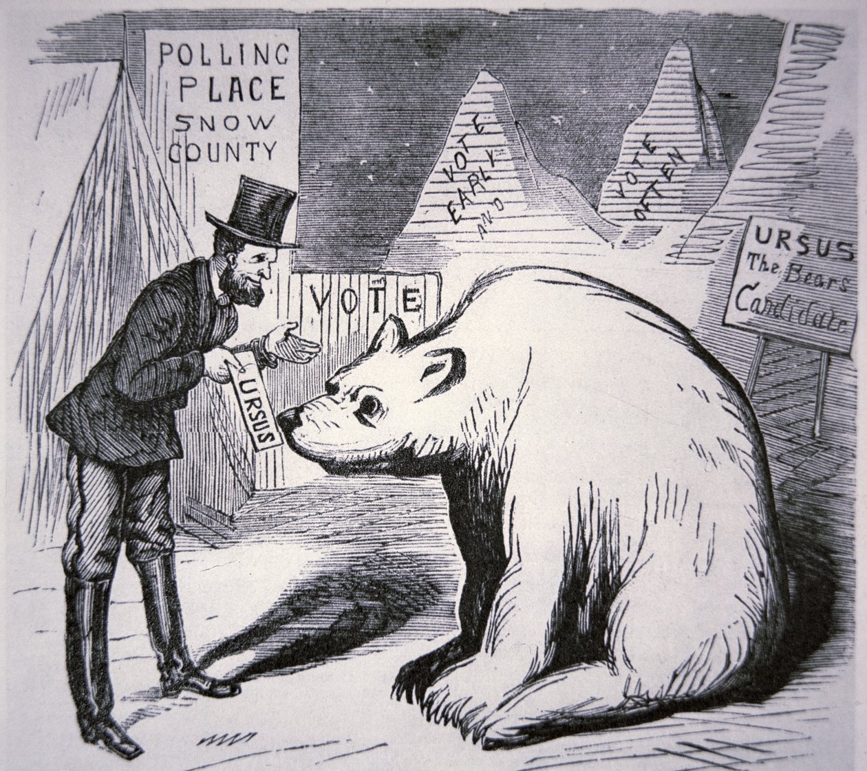 Desenho animado representando um político americano que tenta encontrar eleitores no Alasca desabitado de American School