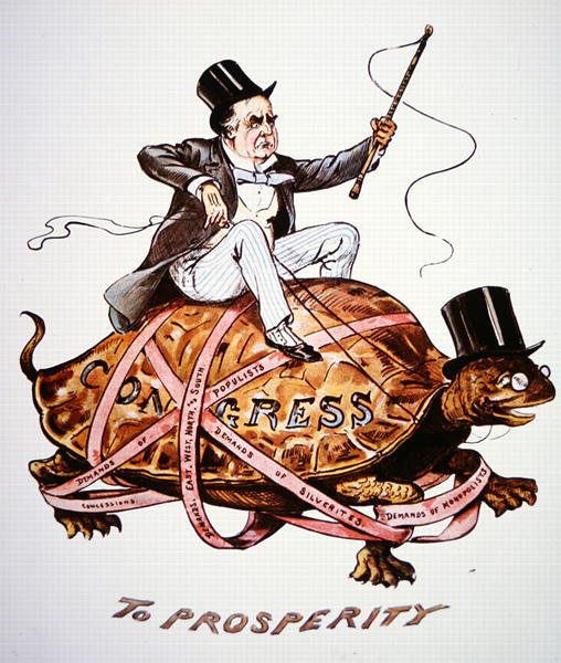 Desenho animado representando o presidente William Mckinley (1843-1901) tentando conduzir suas políticas através do congresso (color litho) de American School