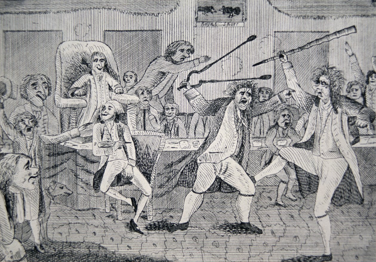 Desenho animado que retrata "a luta no Congresso entre o republicano Matthew Lyon e o federalista Roger Griswold". de American School