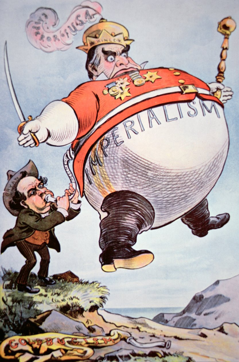 Desenho animado retrata William Jennings Bryan (1860-1925) explodindo o 
