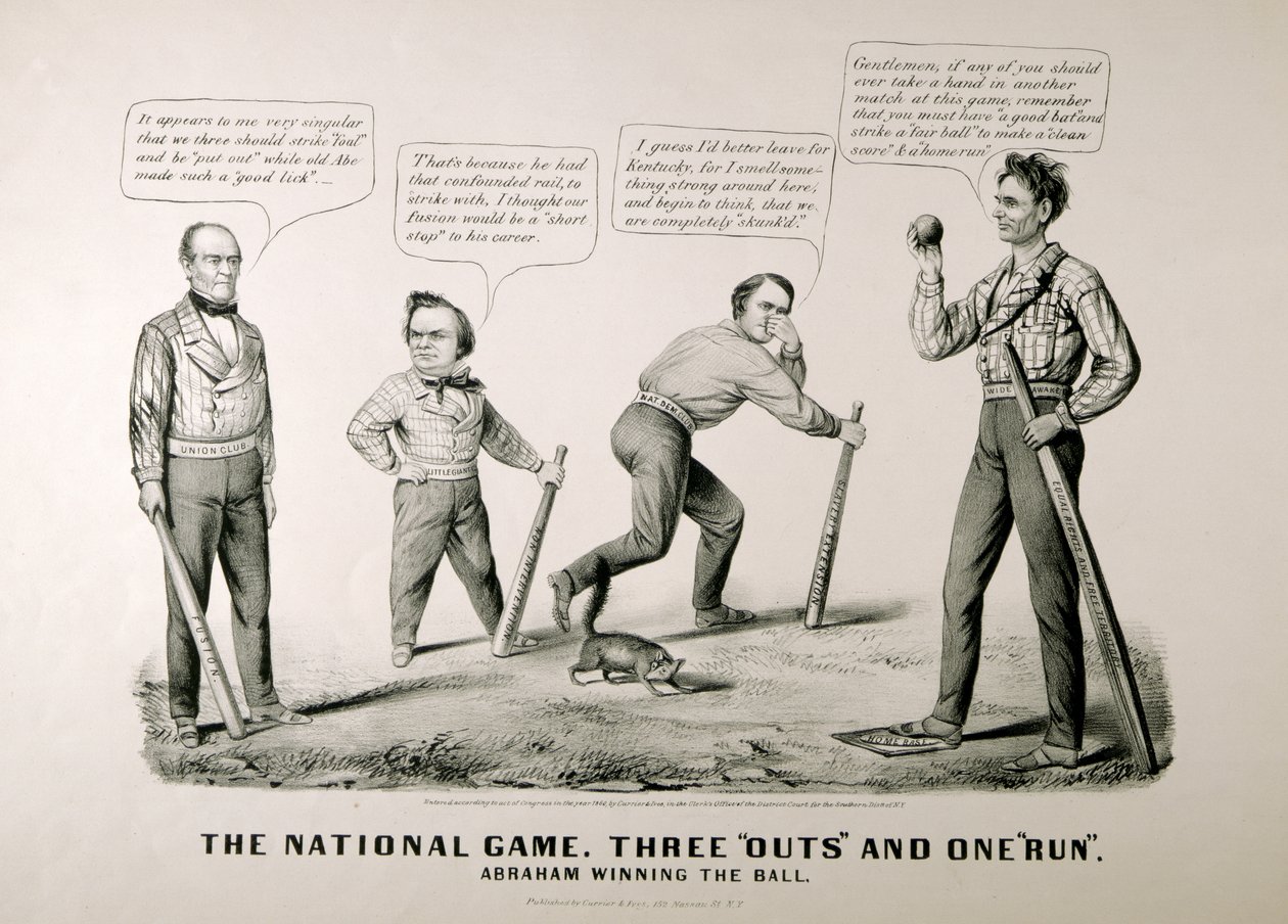 Desenhos animados mostrando Abraham Lincoln (1809-65) Ganhando a bola contra seus oponentes Douglas, Bell e Breckenridge na eleição presidencial de 1860, 1860 de American School