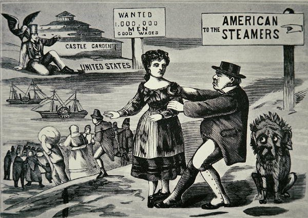 Cartoon mostrando John Bull tentando parar o fluxo crescente de trabalhadores para os EUA, c.1850 (gravura) de American School