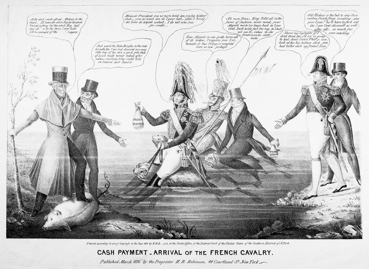 Pagamento em Dinheiro - Chegada da Cavalaria Francesa, publicado por HR Robinson, Nova York, 1836 (gravado) de American School
