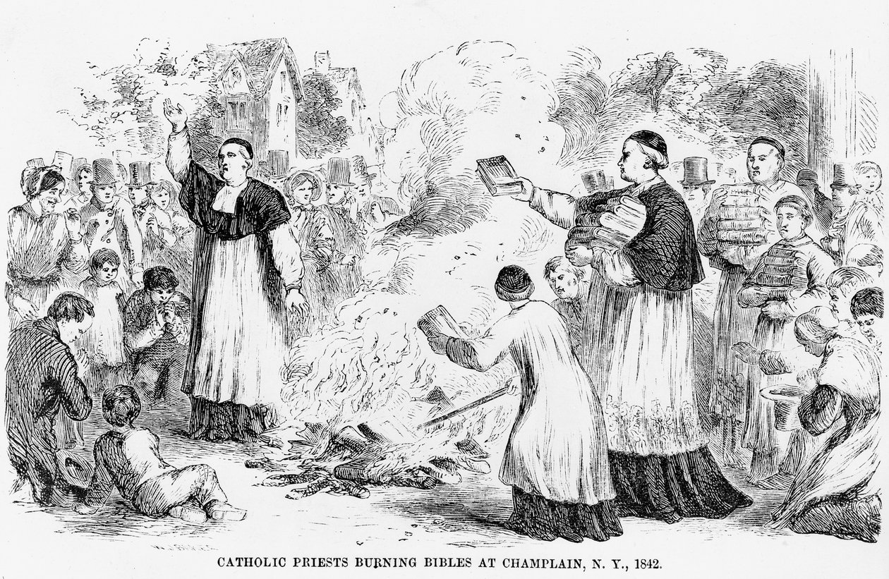 Sacerdotes católicos queimando Bíblias em Champlain, Nova York, ilustração de um panfleto anti-católica, 1842 de American School
