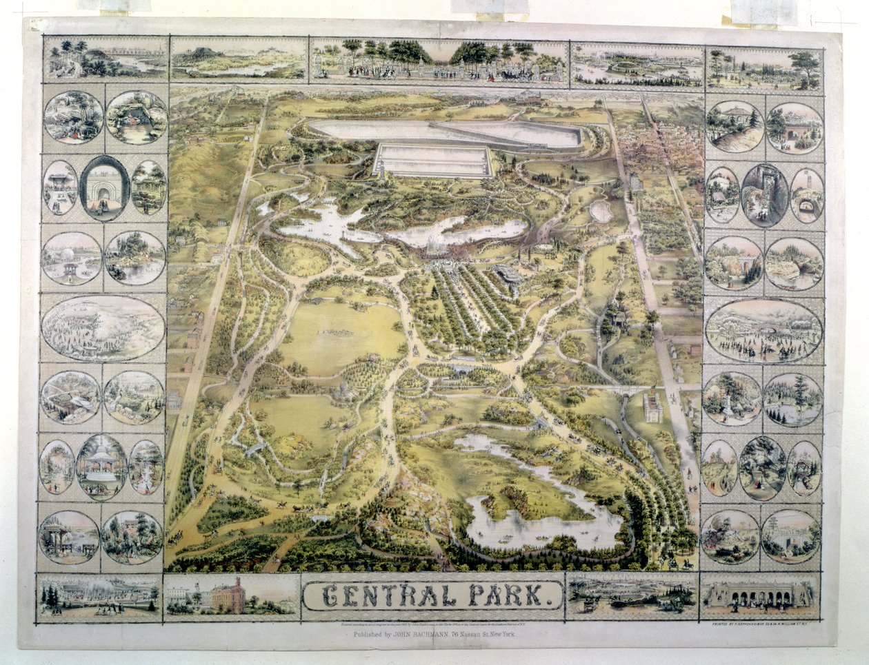 Central Park, olhando norte da 59th Street, gravado por F. Hepperheimer (fl.1849-79) pub. por John Bachmann, Nova York, 1863 de American School