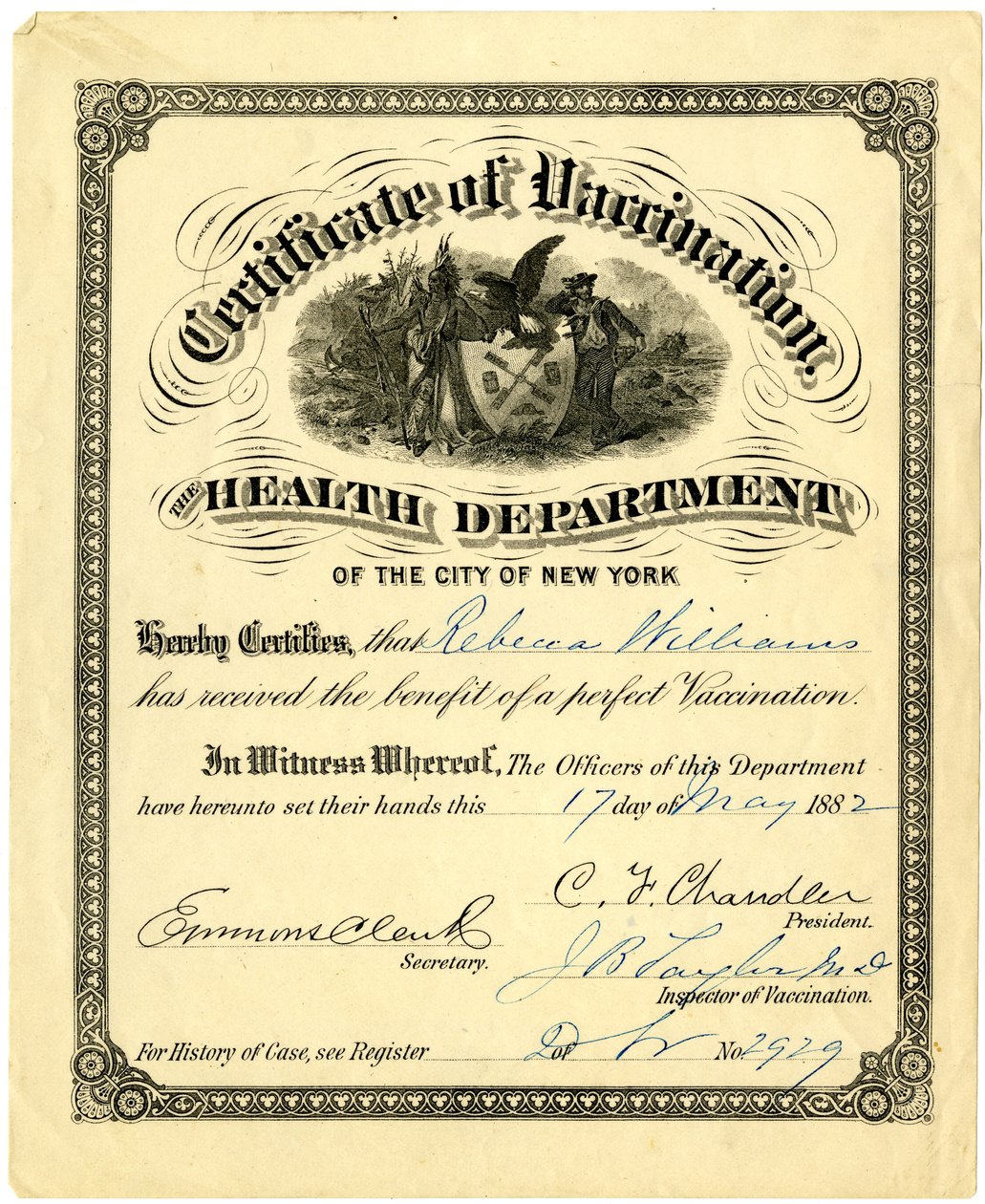 Certificado de Vacinação, Departamento de Saúde da Cidade de Nova York ..., 1882 (gravura [certificado] preenchido com tinta) de American School
