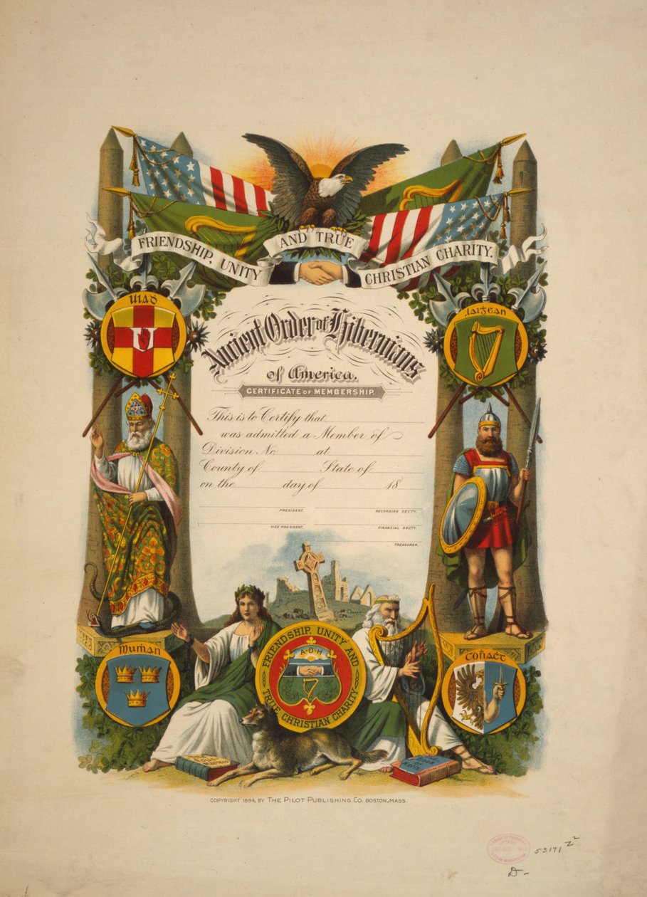 Certificado de filiação na Antiga Ordem dos Hibernianos da América, c.1894 (litografia a cores) de American School