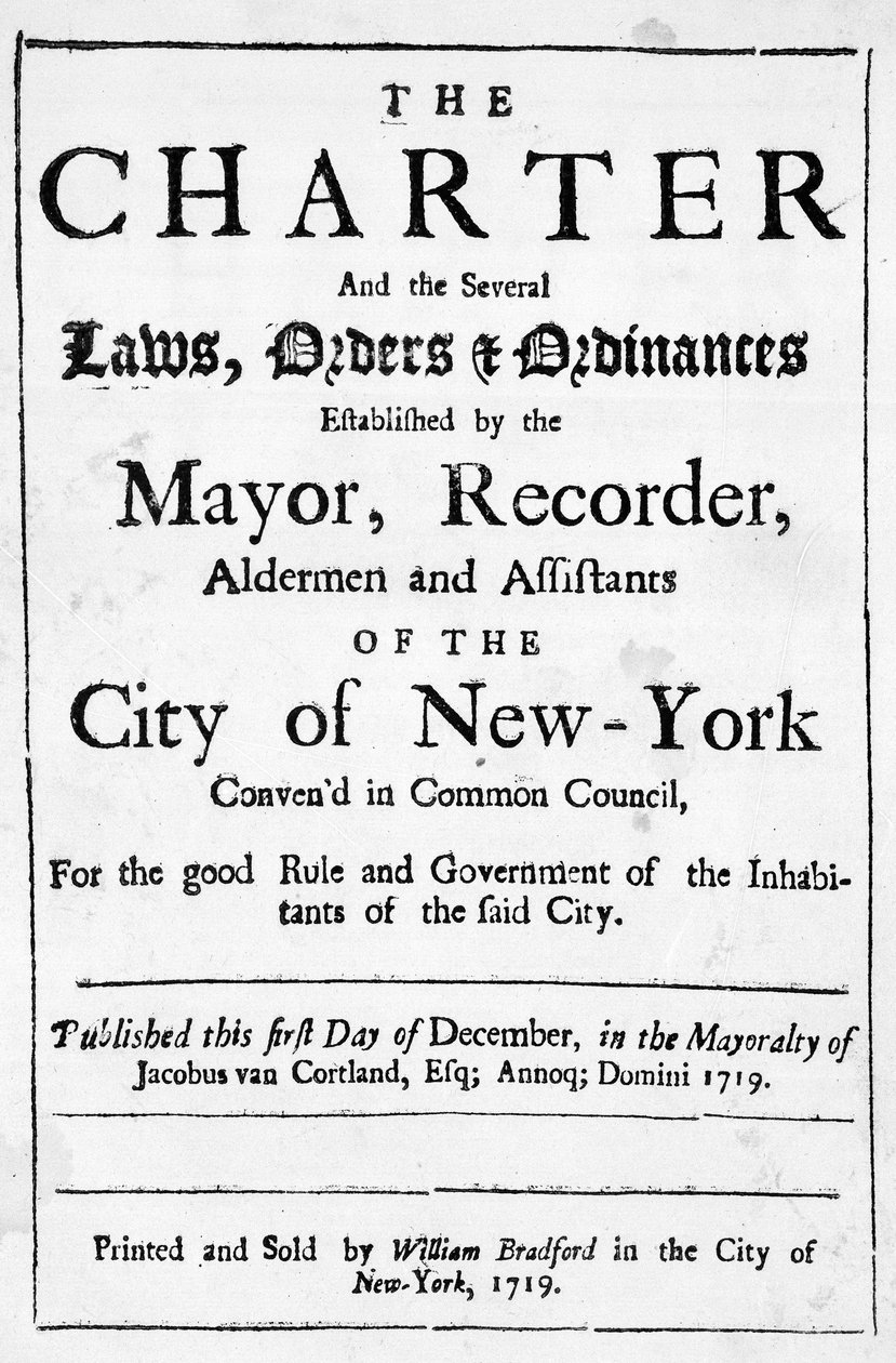 Carta da cidade de Nova York, 1719 (impressão) de American School
