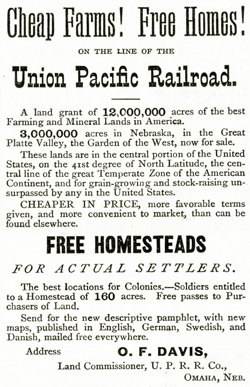 Farmácias baratas e casas grátis na linha Union Pacific Railroad, anúncio do Appletons Journal, 4 de maio de 1872 de American School