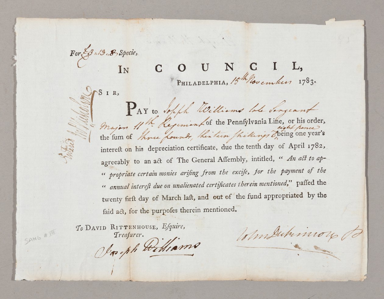 Cheque três libras e treze xelins para Joseph Williams, 13 de novembro de 1783 de American School