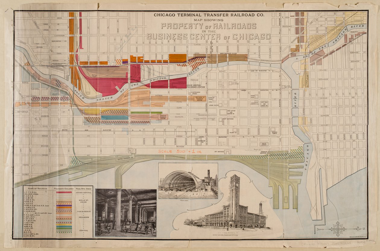 Mapa da Chicago Terminal Transfer Railroad Co. que mostra a propriedade de caminhos-de-ferro no centro comercial de Chicago, c.1898 de American School