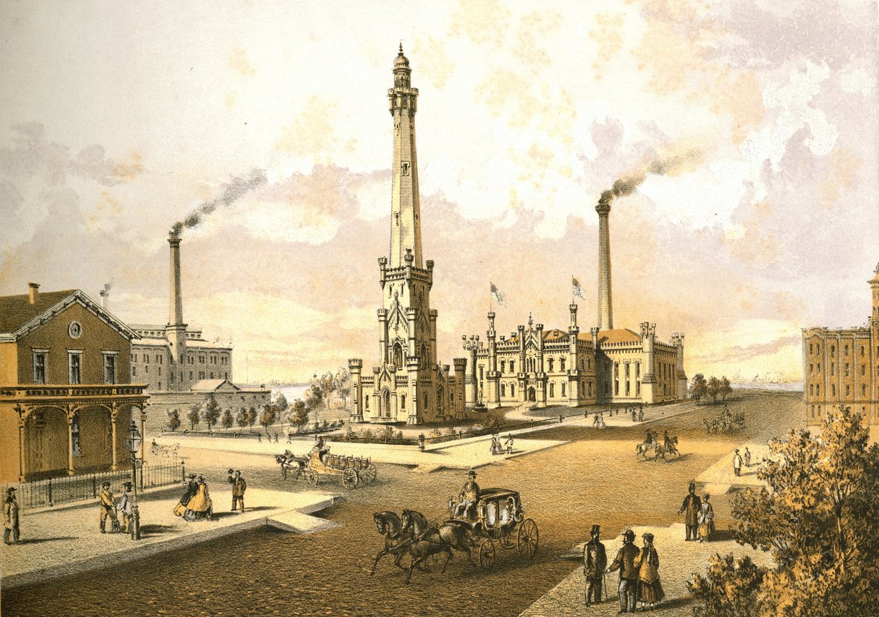 Chicago Water Works, da Chicago Illustrated, com descrições literárias de James W. Sheahan, publicado por Jevne & Almini, Chicago, 1866-67. de American School