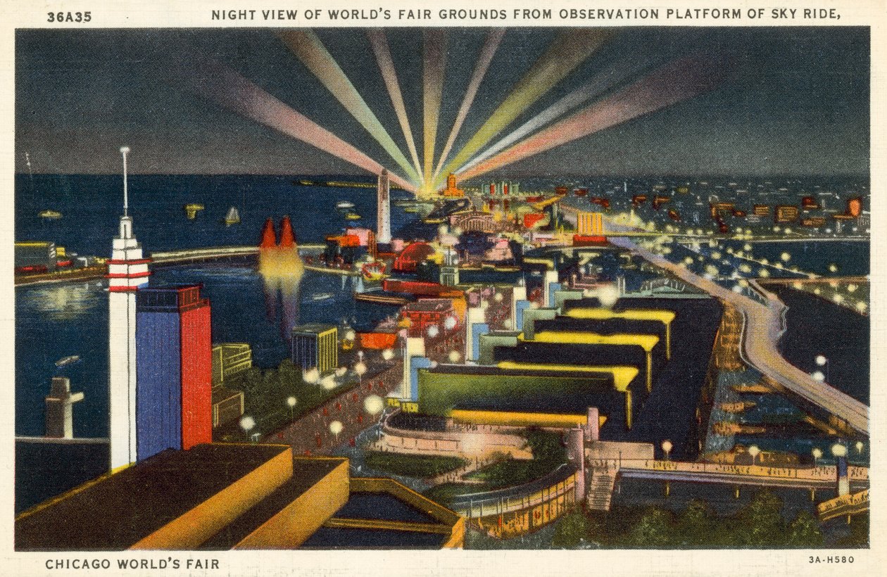 Feira Mundial de Chicago, vista nocturna a partir da plataforma de observação de Sky Ridge (litografia a cores) de American School