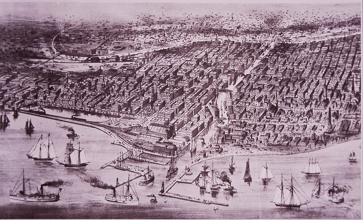 Chicago antes do grande incêndio de 1871, c.1870 (litho) de American School