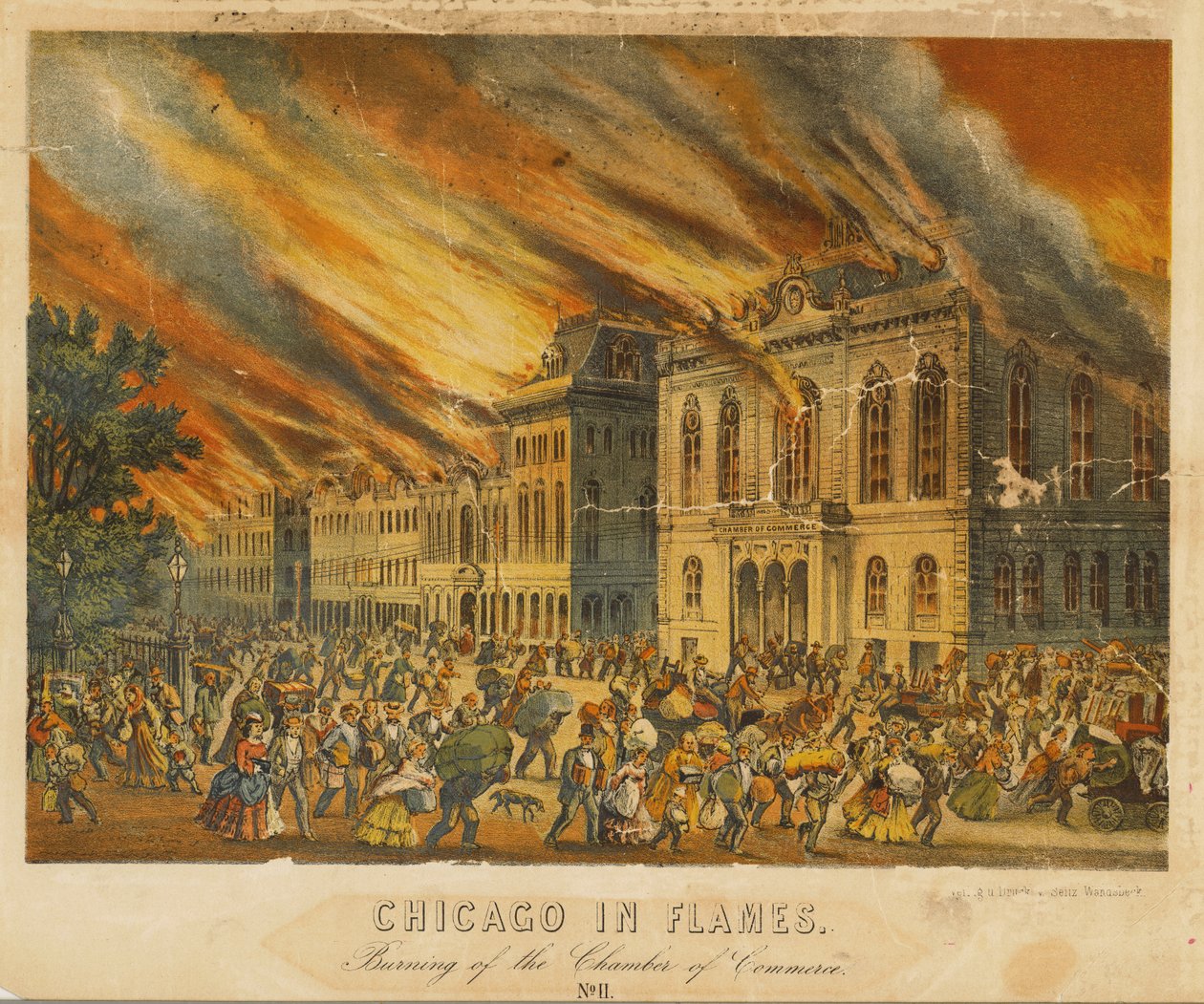 Chicago em Chamas: Queima da Câmara de Comércio (cor litho) de American School