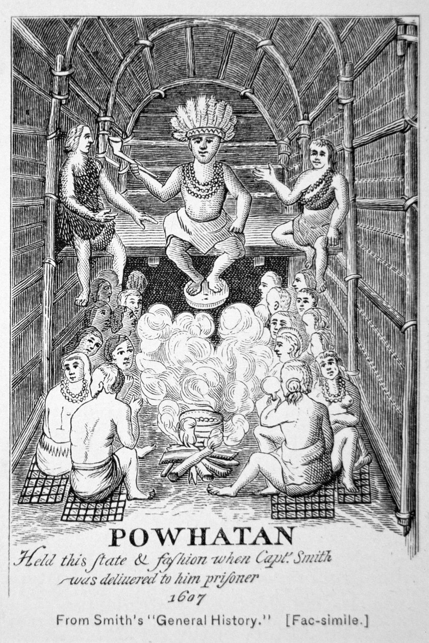 O Chefe Powhatan, como apareceu em 1607, da "Generall Historie of Virginia, New England & the Summer Isles" de Smith de American School