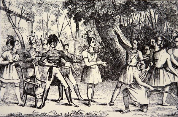 Chefe Tecumseh (1768-1813) desafiando o General Harrison (1773-1841) (gravura) de American School