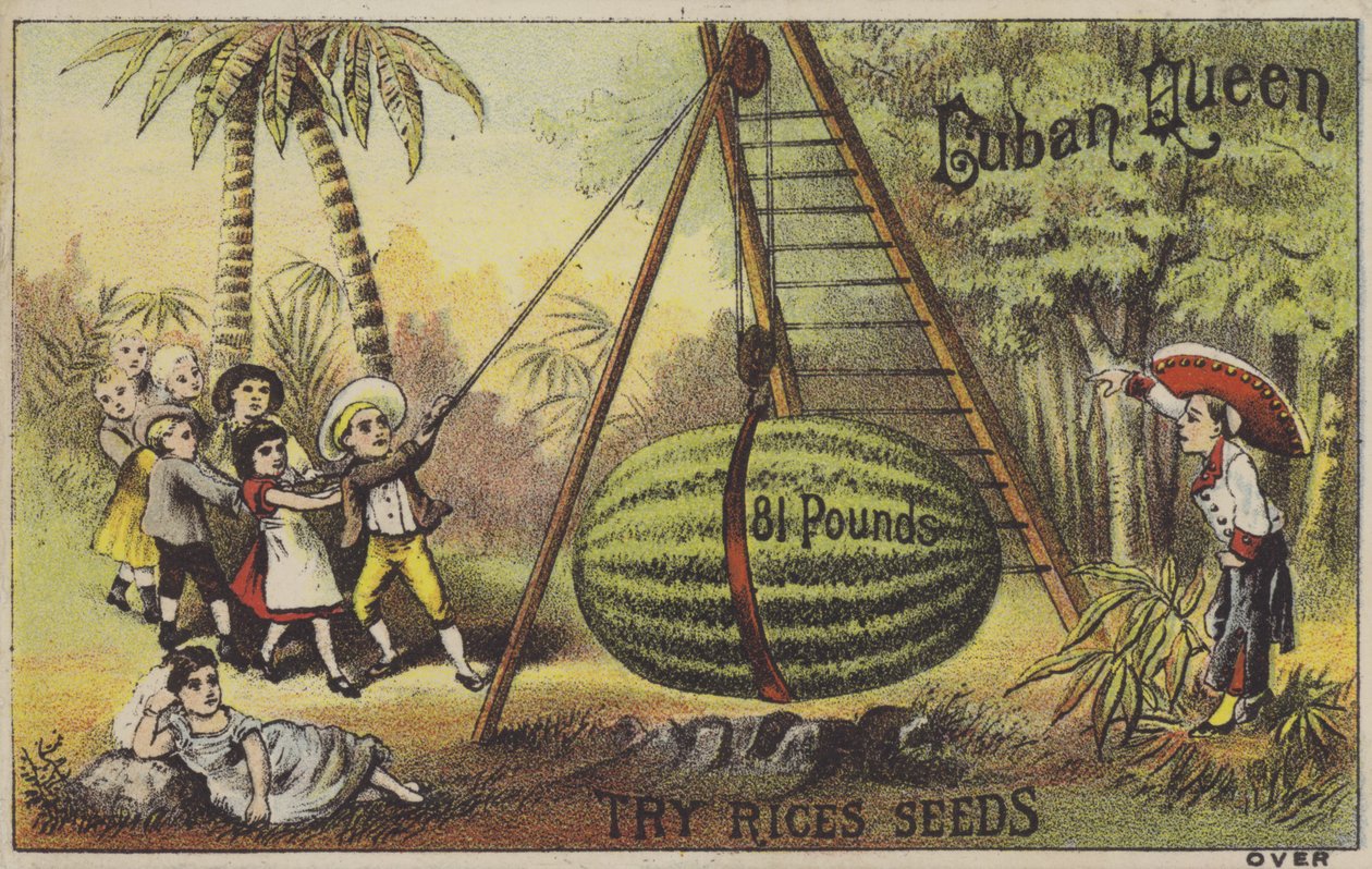 Crianças a criar um enorme melão-de-água (cromolitho) de American School