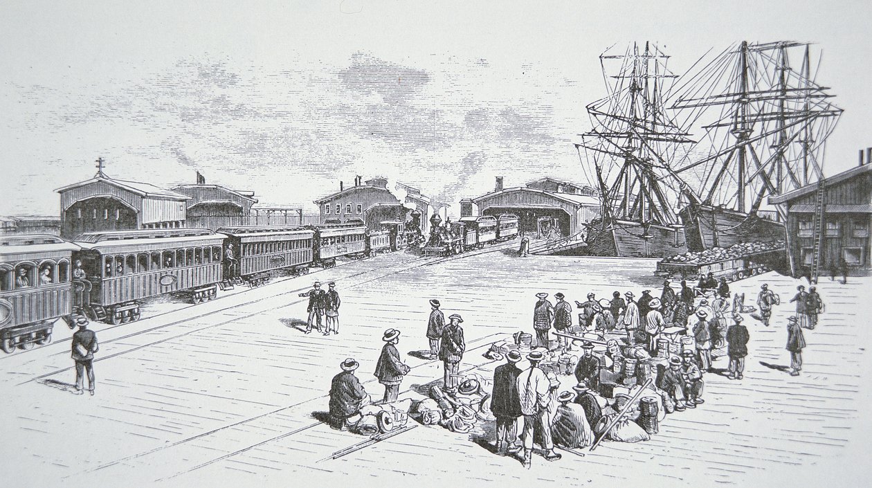 Imigrantes chineses ou "Coolies" chegando em São Francisco para trabalhar na ferrovia transcontinental durante a década de 1860 (litho) de American School