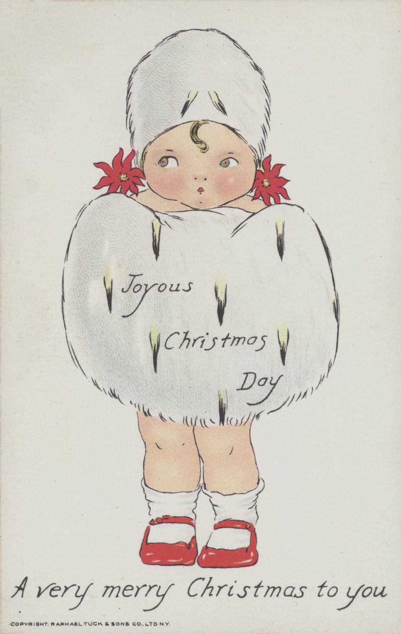 Cartão de felicitações de Natal representando uma criança com um cachecol de pele e um chapéu de Natal. (cromolitho) de American School