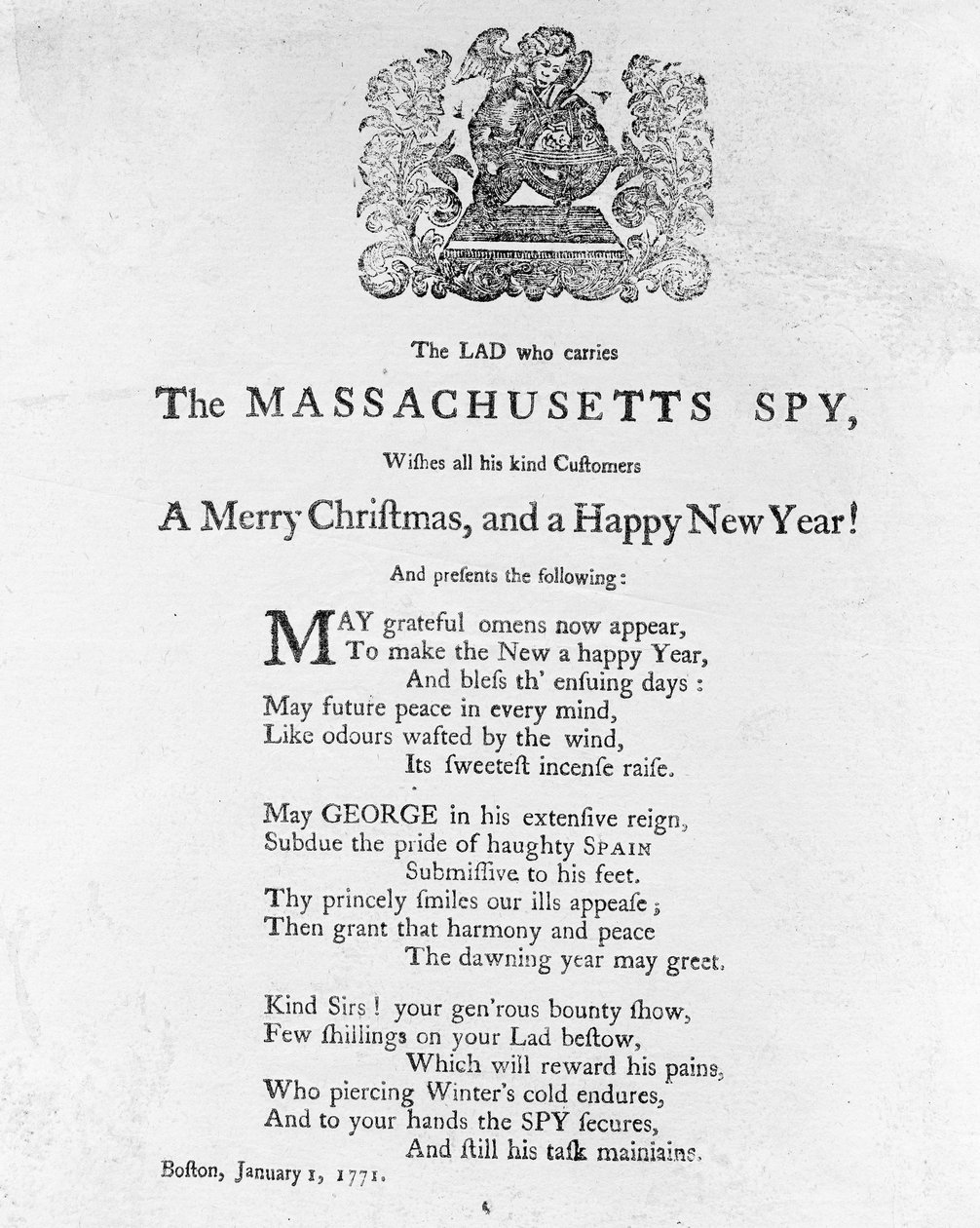 Saudações de Natal do rapaz que carrega o espião de Massachusetts, impresso em The Massachusetts Spy 1 de janeiro de 1771 (impressão) de American School