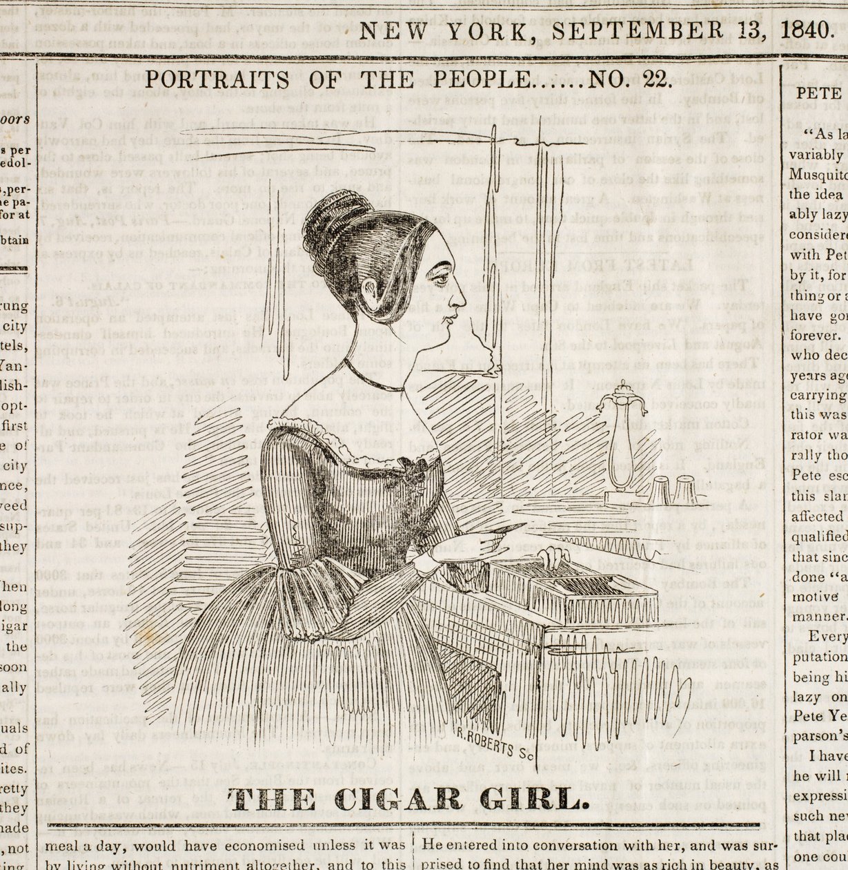 Cigar Girl, primeira página de "New York Sunday Atlas", 13 de setembro de 1840 de American School