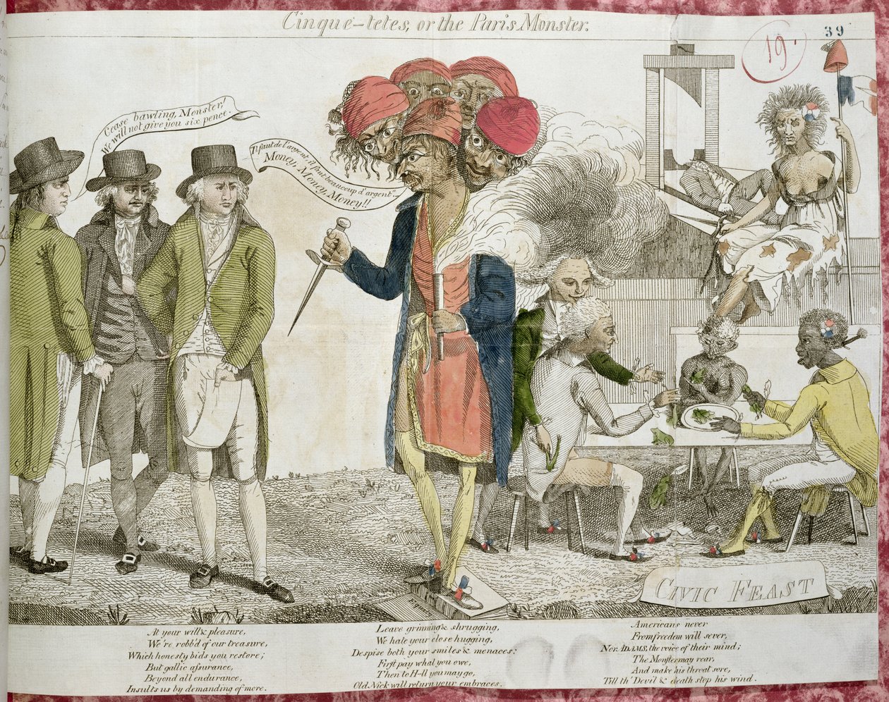 Cinque-Tetes ou o Monstro de Paris, cartoon satirizando o XYZ Affair, 1797 de American School