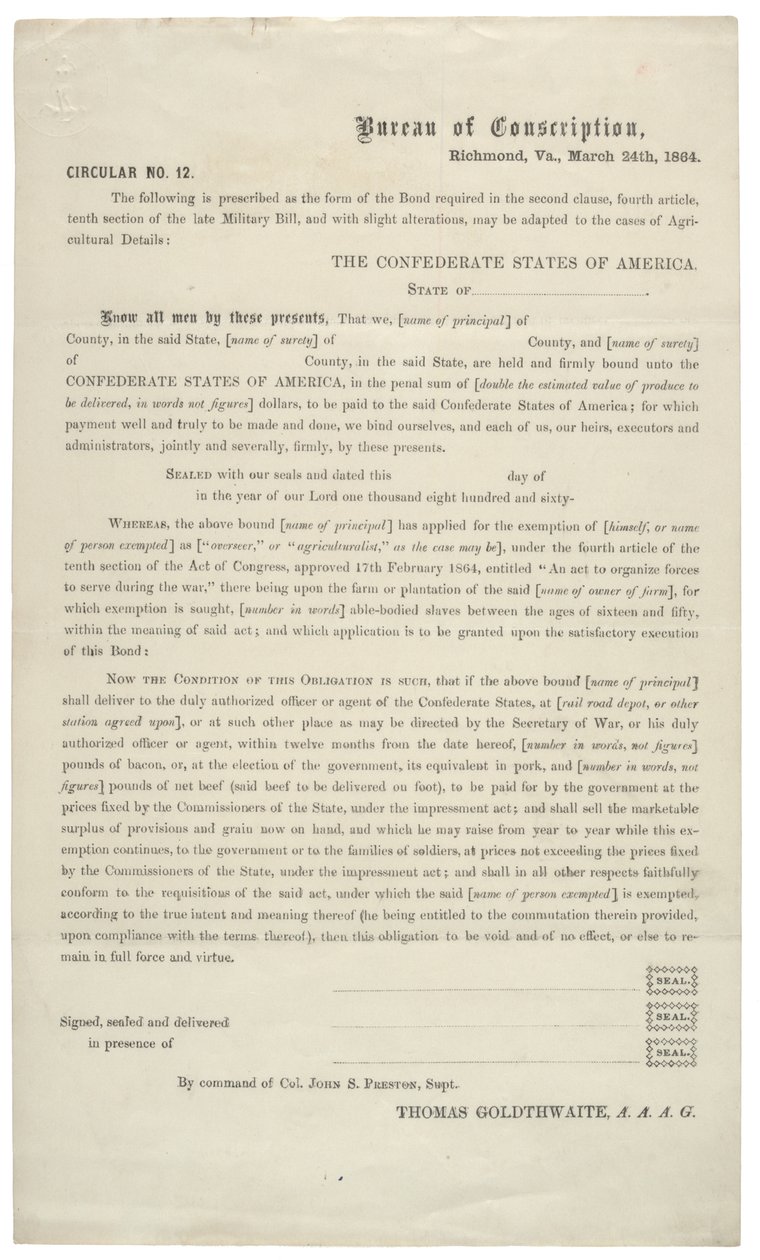 Circular no. 12, um pedido em branco para isenção de serviço no Exército Confederado, 24 de março de 1864 de American School
