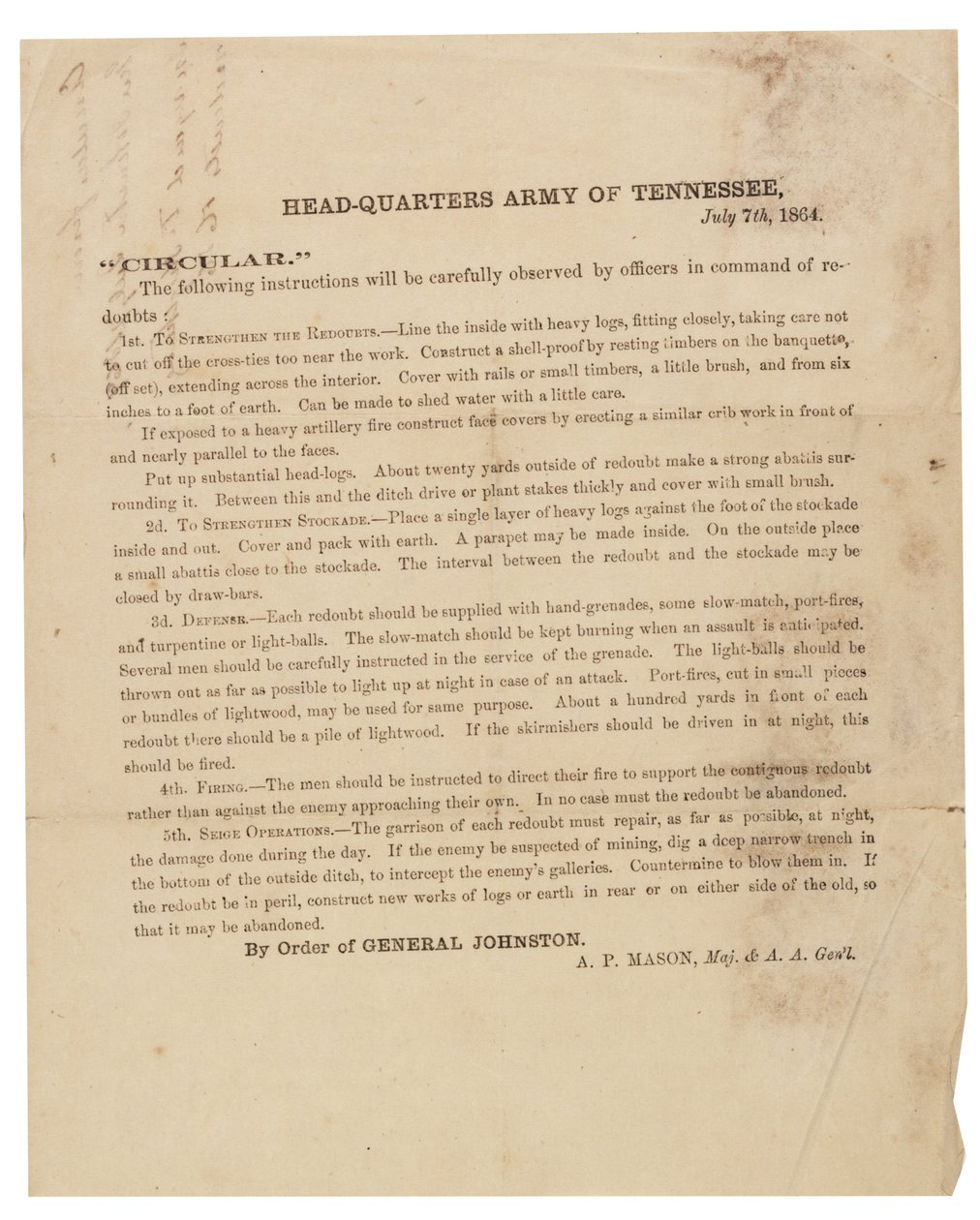 Circular referente à construção e fortificação de redutos utilizados pelo Exército do Tennessee, em 7 de julho de 1864 de American School
