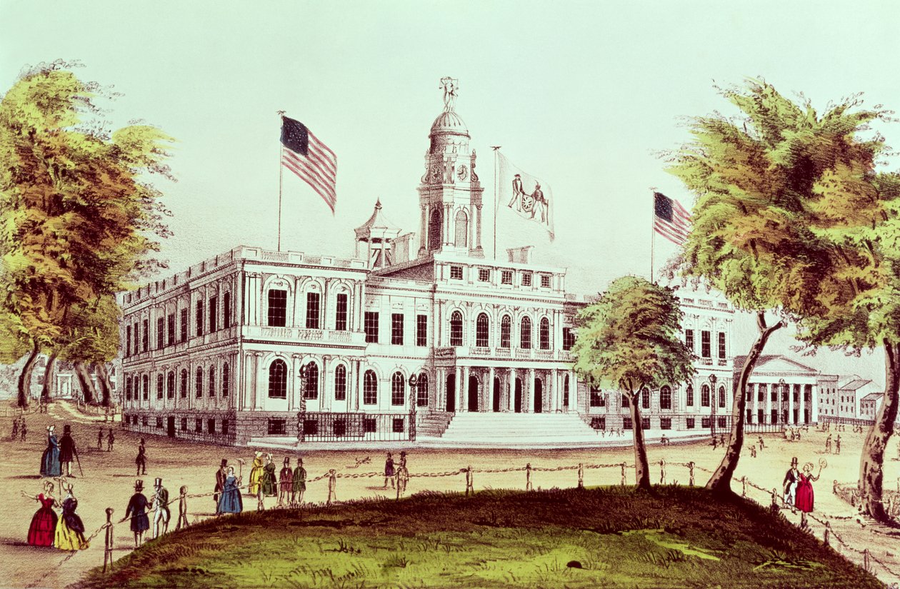 Prefeitura, Nova York, gravada por Nathaniel Currier (1813-88) de American School