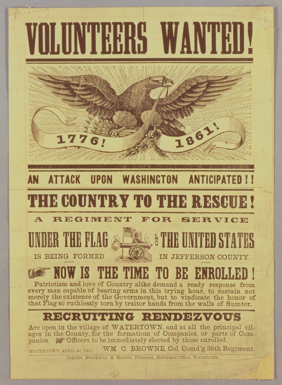 Cartaz recrutando da guerra civil, 1861 (impressão) de American School