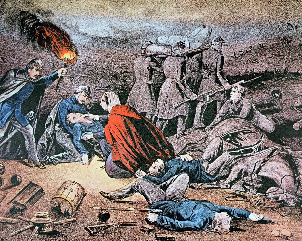 Clara Barton ferida durante a Guerra Civil Americana (cor litho) de American School
