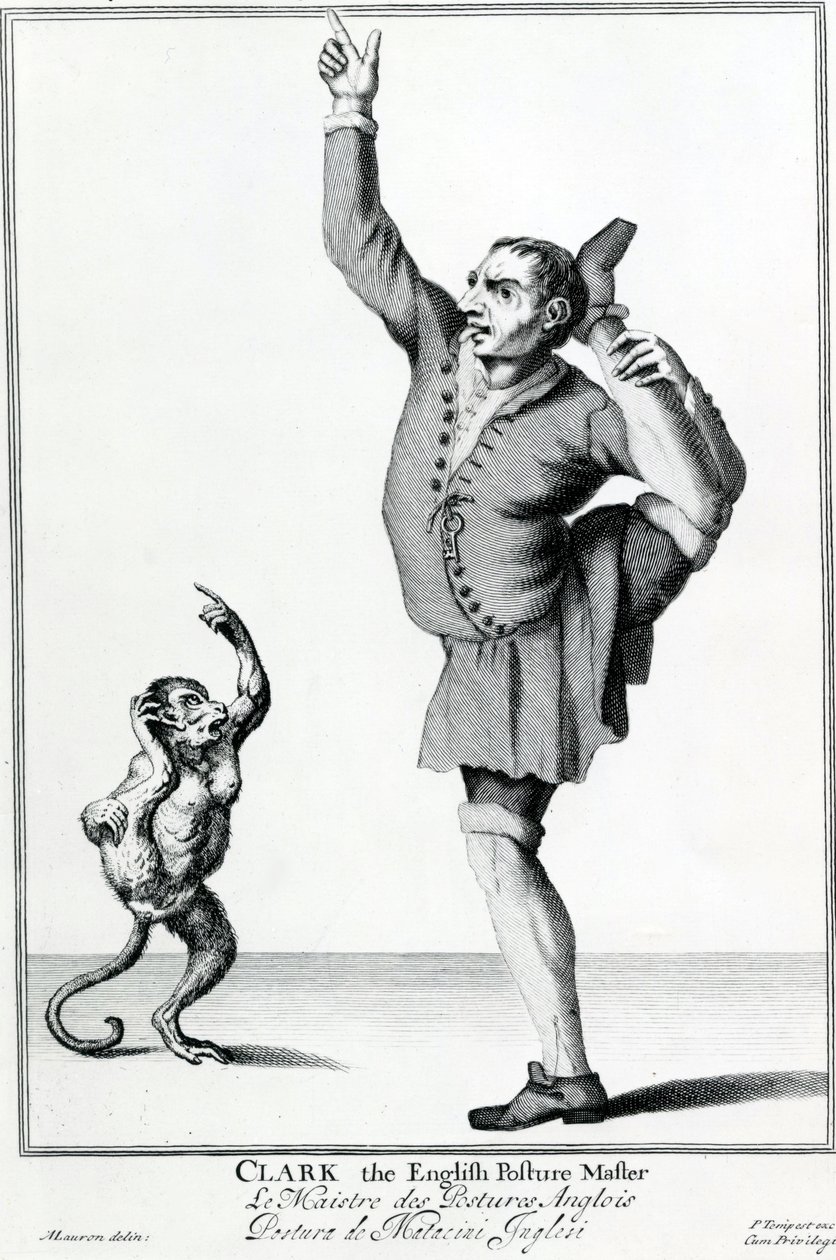 Clark, o Inglês Posture Maker, retirado da série Os Gritos da Cidade de Londres Drawne após a vida, gravura após Marcellus Laroon II, publicado por Pierce Tempest, 1688 de American School