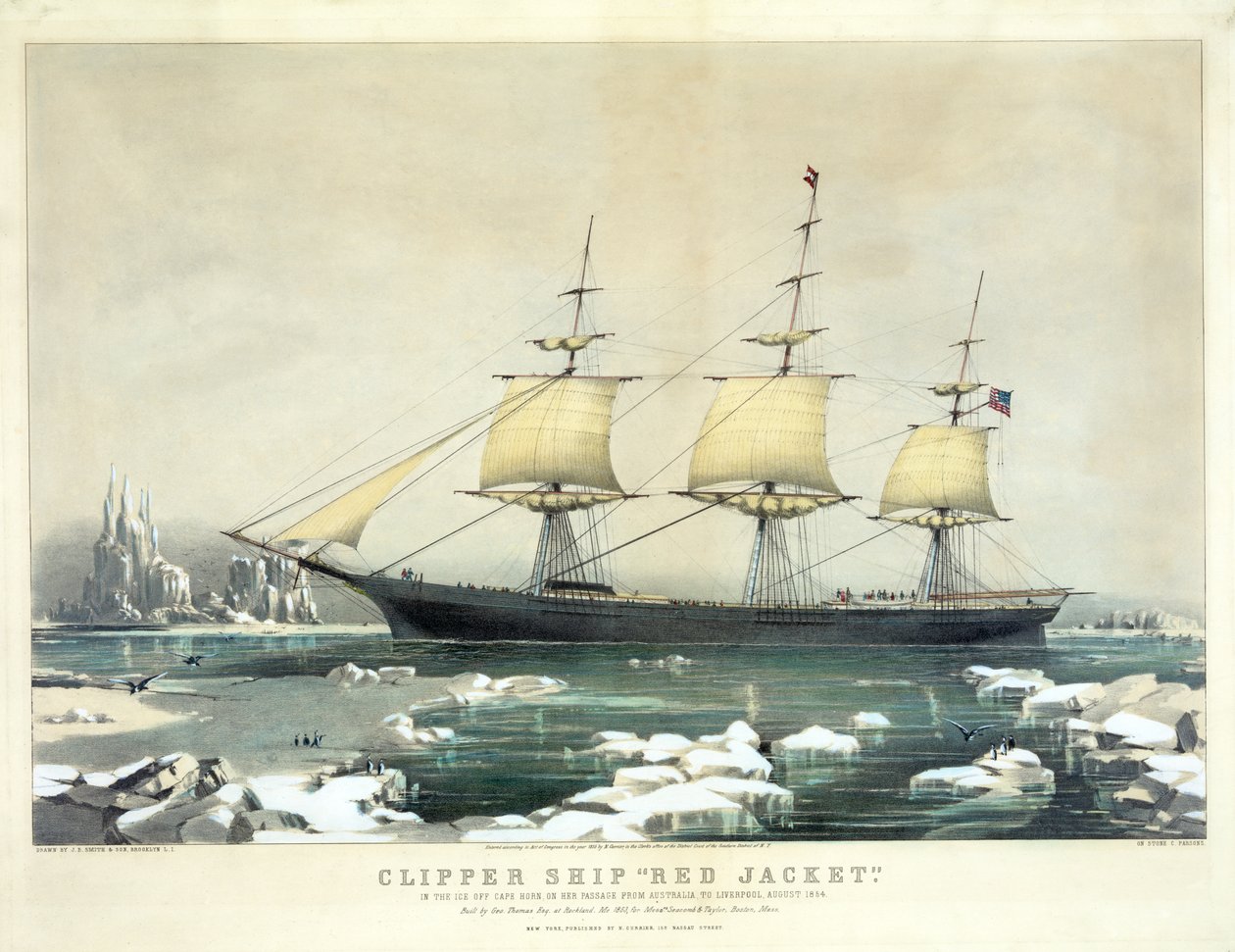 Clipper Ship Red Jacket no gelo da Cape Horn, em sua passagem da Austrália para Liverpool, em agosto de 1854, pub. N. Currier, 1855 de American School