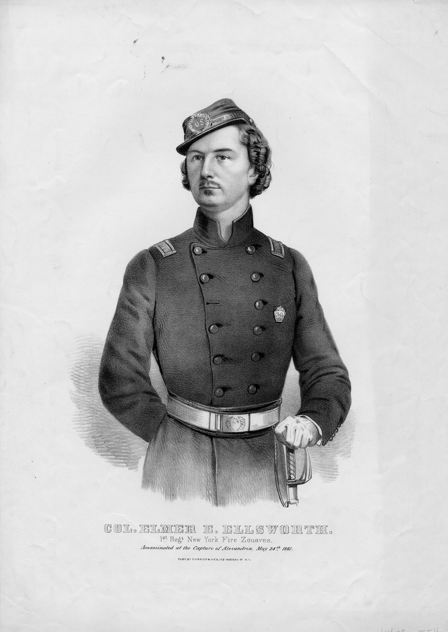 Coronel Elmer E. Ellsworth: 1º Reg. New York Fire Zouaves, pub. por Currier & Ives, c.1862 de American School