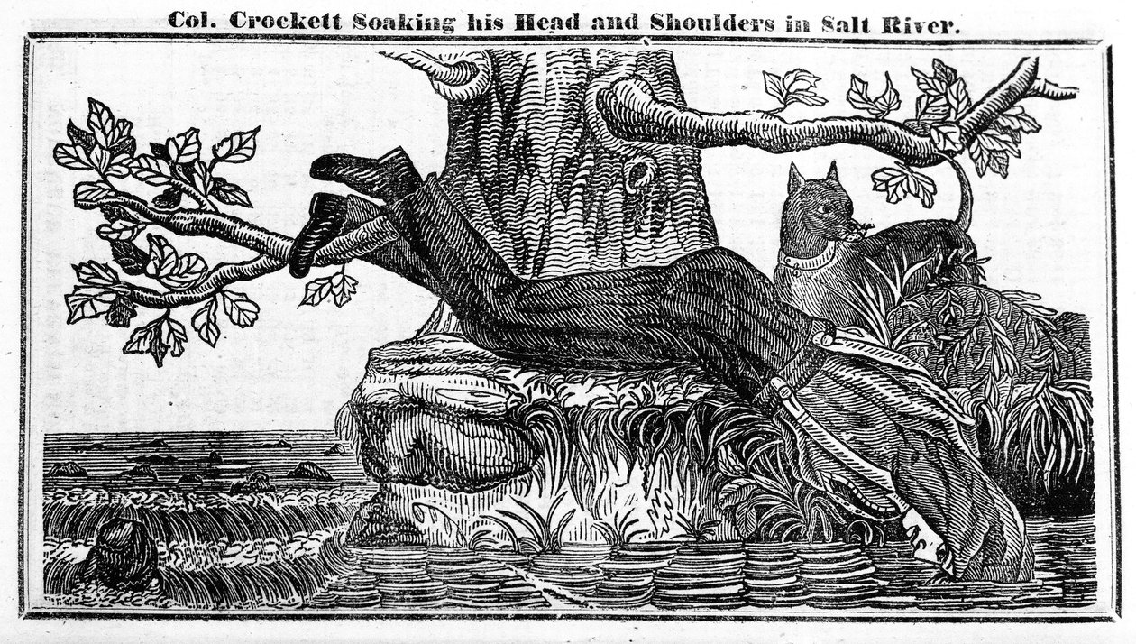 Coronel Davy Crockett encharcando a cabeça e os ombros em Salt River, de Crocketts Almanac, 1837 (papel de jornal) de American School
