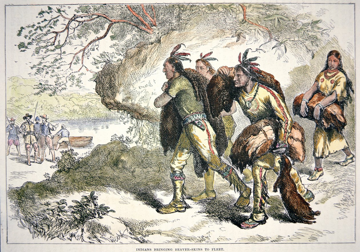 Colonial Fur Traders (gravação a cores) de American School