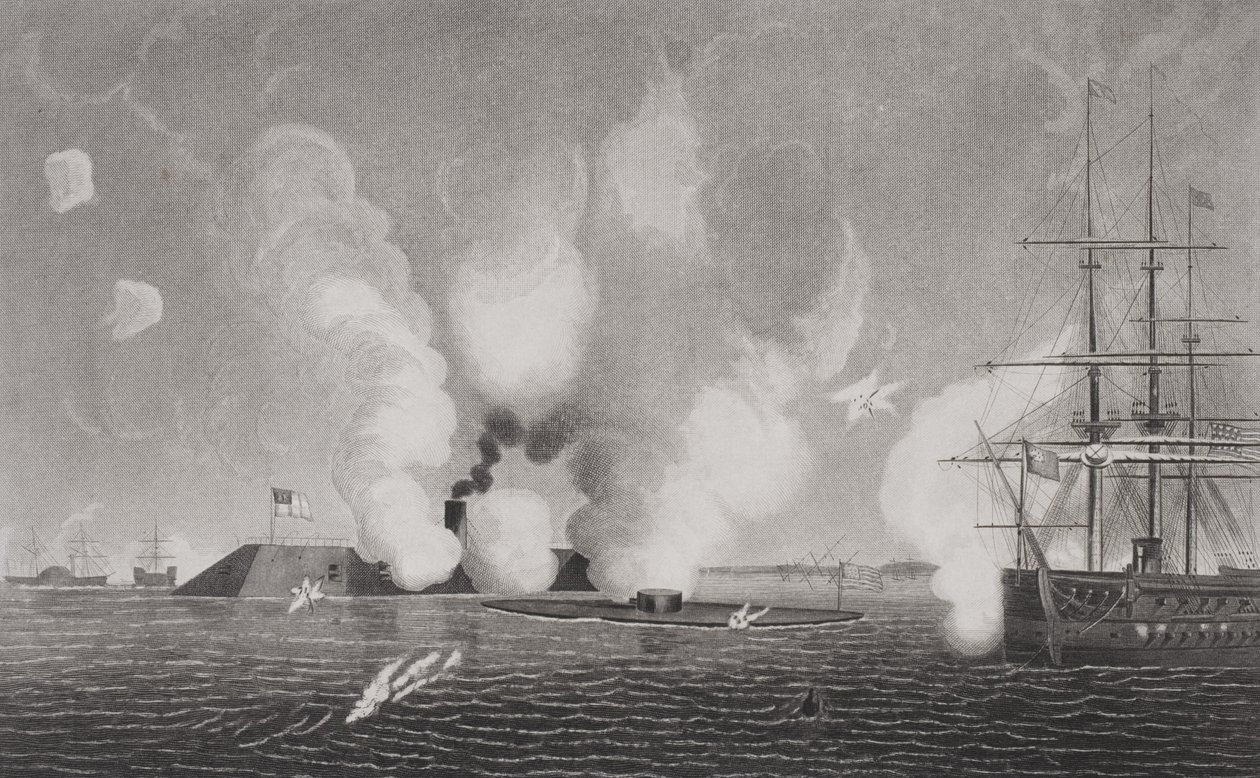 Combate entre o Confederate CSS Virginia (à esquerda) e o Union USS Monitor (centro) em 9 de março de 1862 em Hampton Roads, Virginia (veja 254609 para detalhes) de American School