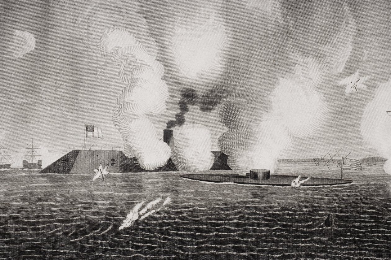 Combate entre o Confederate CSS Virginia (à esquerda) e o Union USS Monitor (à direita) em 9 de março de 1862 em Hampton Roads, Virgínia (detalhe de 254608) de American School