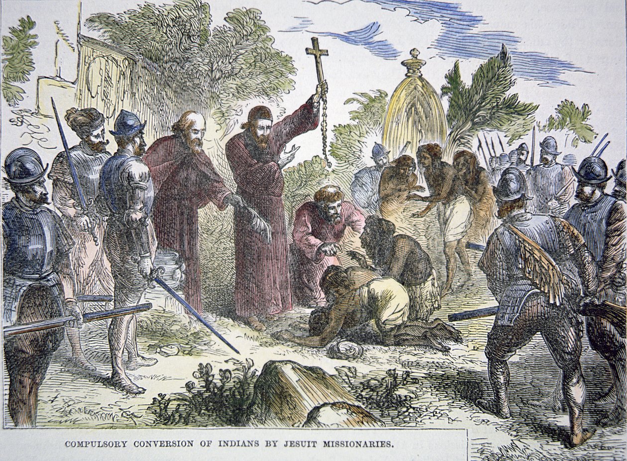 Conversão obrigatória dos nativos americanos ao cristianismo pelos missionários jesuítas espanhóis no século XVI (cor litho) de American School